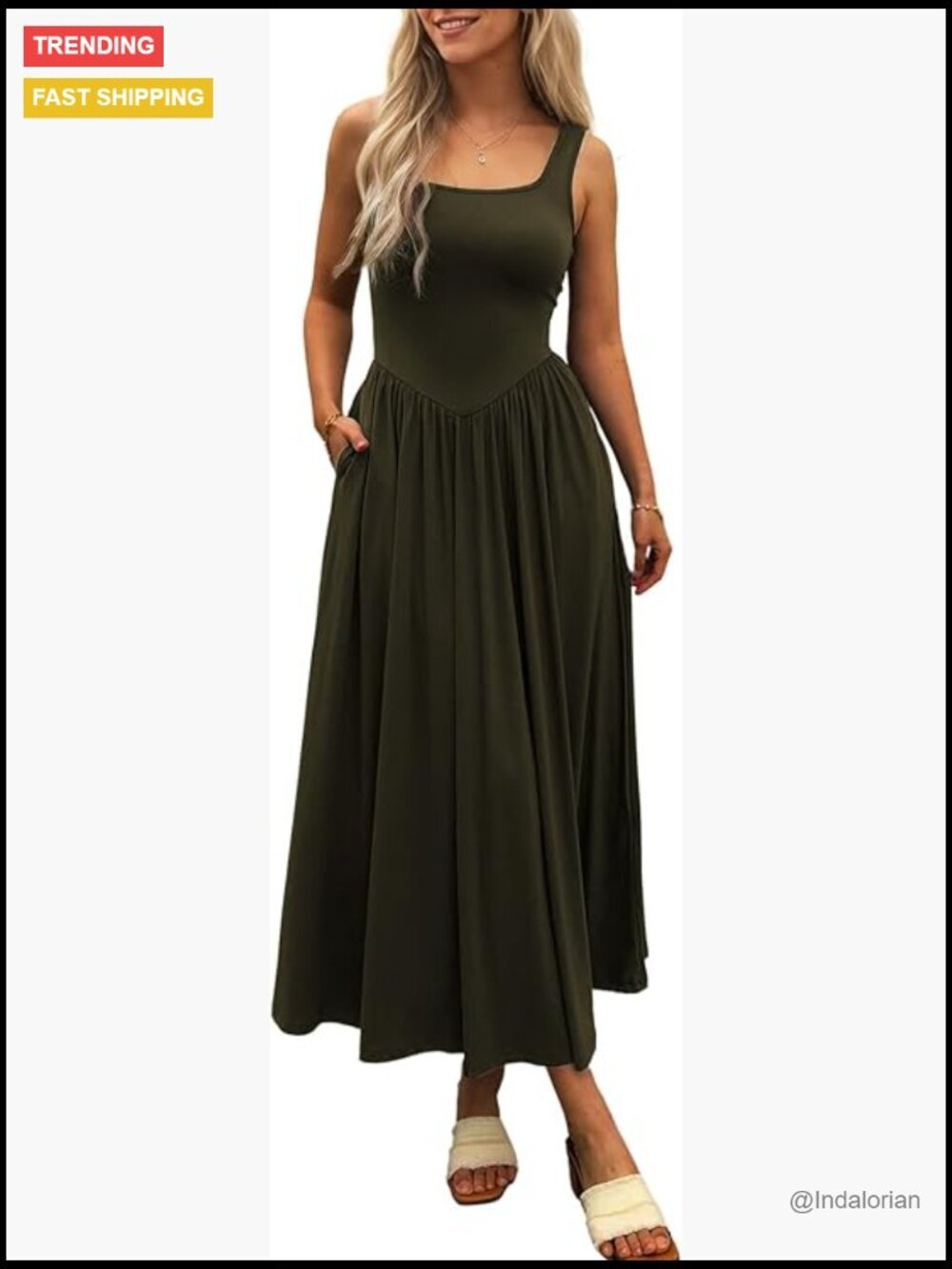 Sleeveless Square Neck Maxi Dress with Pockets, Flowy Patchwork Knit